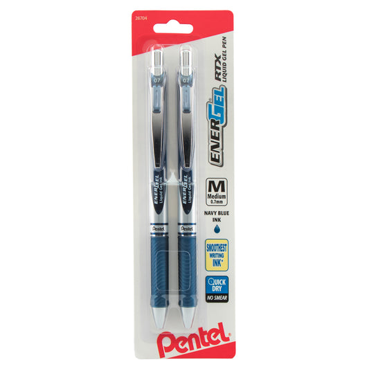 EnerGel RTX Retractable Liquid Gel Pen, (0.7mm) Metal Tip, Medium Line, Navy Blue Ink 2-Pk (BL77BP2CA)