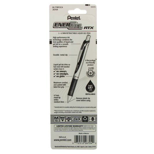 EnerGel RTX Retractable Liquid Gel Pen, (0.7mm) Metal Tip, Medium Line, Navy Blue Ink 2-Pk (BL77BP2CA)