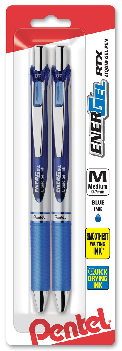 EnerGel RTX Retractable Liquid Gel Pen, (0.7mm) Metal Tip, Medium Line, Blue Ink 2-Pk (BL77BP2C)
