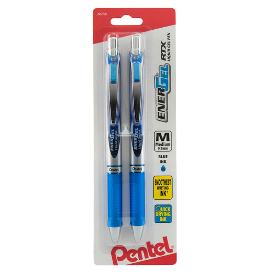 EnerGel RTX Retractable Liquid Gel Pen, (0.7mm) Metal Tip, Medium Line, Blue Ink 2-Pk (BL77BP2C)