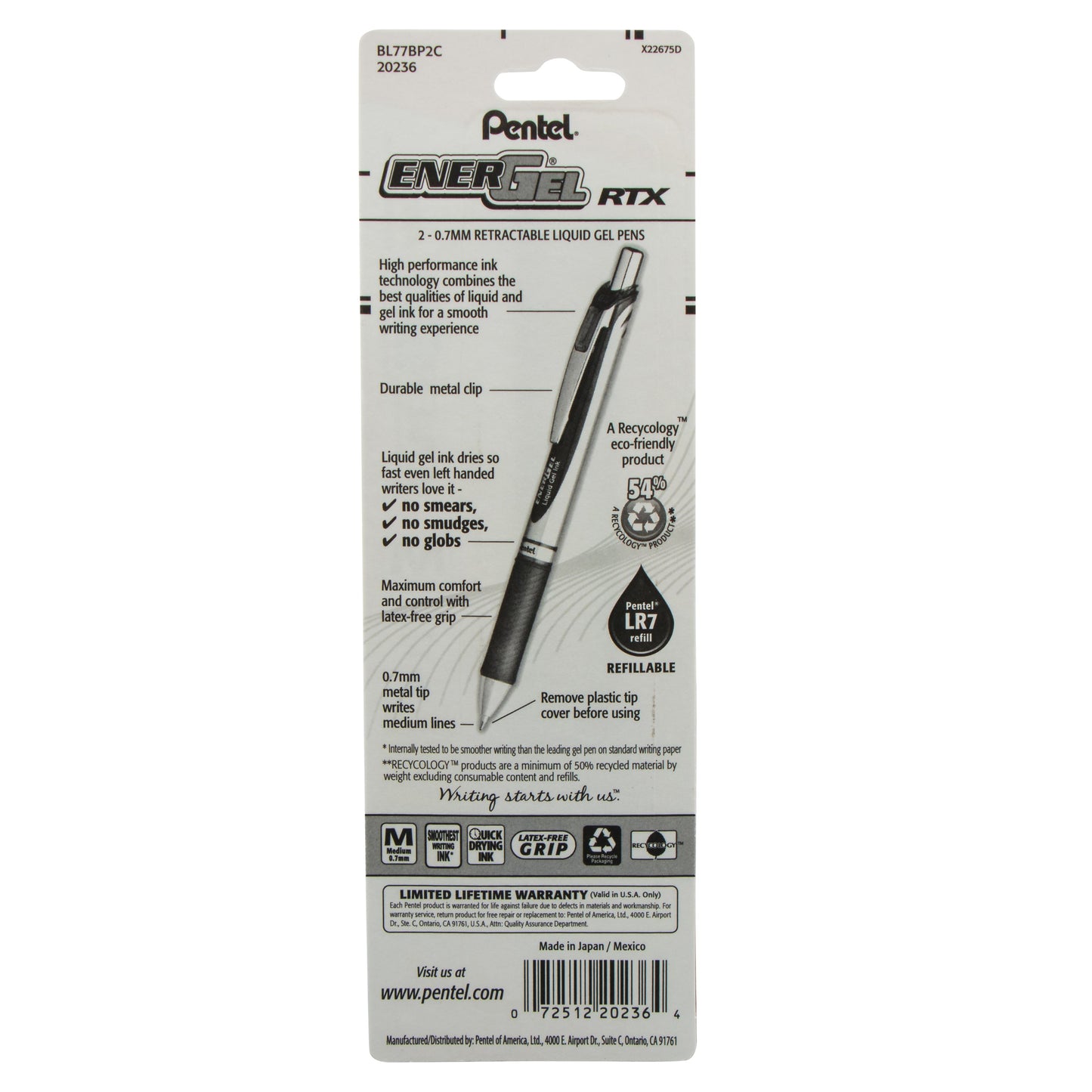 EnerGel RTX Retractable Liquid Gel Pen, (0.7mm) Metal Tip, Medium Line, Blue Ink 2-Pk (BL77BP2C)