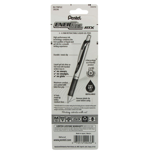 EnerGel RTX Retractable Liquid Gel Pen, (0.7mm) Metal Tip, Medium Line, Blue Ink 2-Pk (BL77BP2C)
