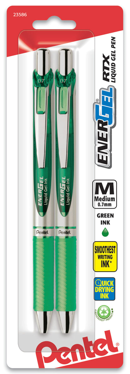 EnerGel RTX Retractable Liquid Gel Pen, (0.7mm) Metal Tip, Medium Line, Green Ink 2-Pk (BL77BP2D)