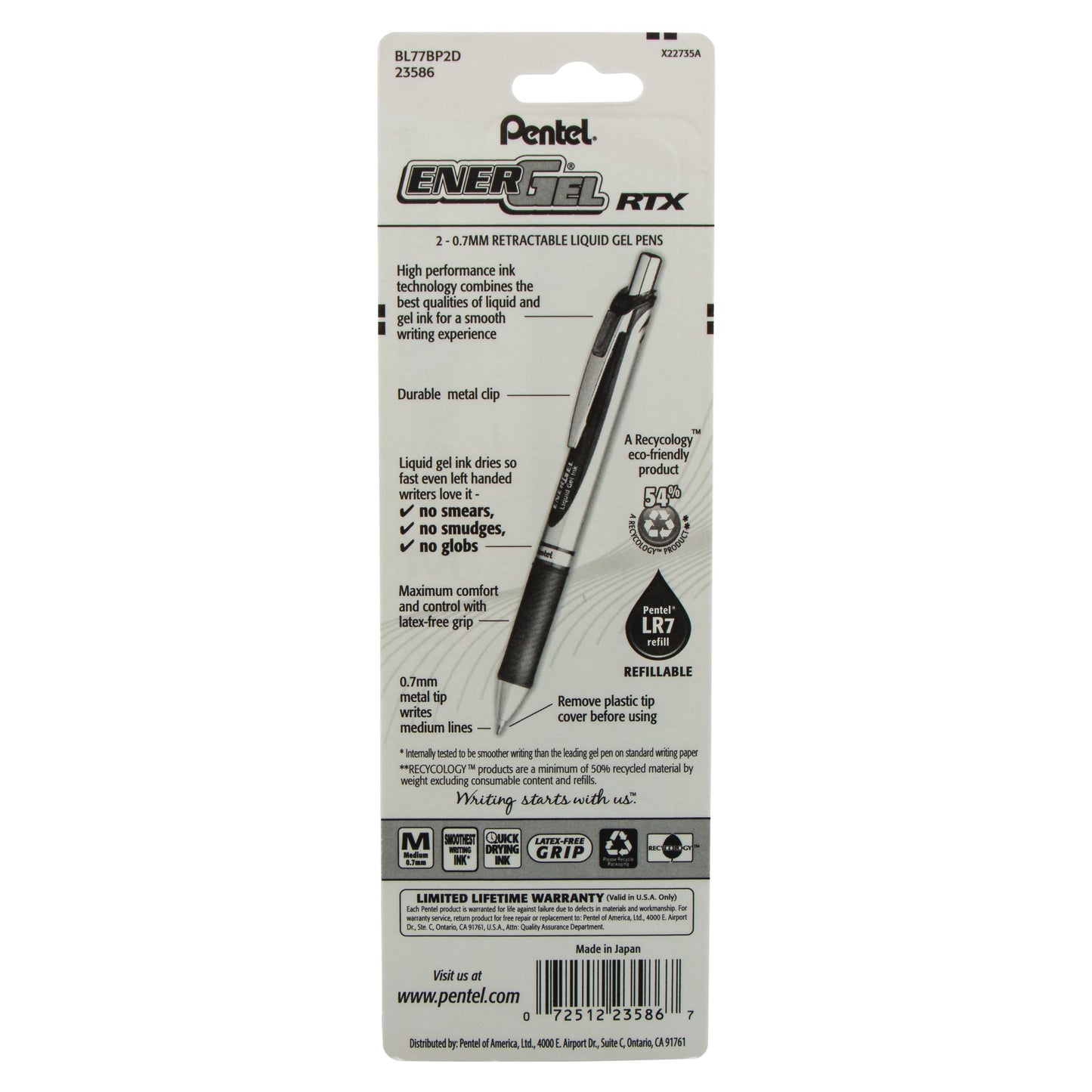 EnerGel RTX Retractable Liquid Gel Pen, (0.7mm) Metal Tip, Medium Line, Green Ink 2-Pk (BL77BP2D)