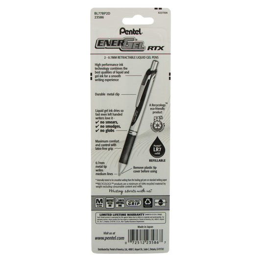 EnerGel RTX Retractable Liquid Gel Pen, (0.7mm) Metal Tip, Medium Line, Green Ink 2-Pk (BL77BP2D)