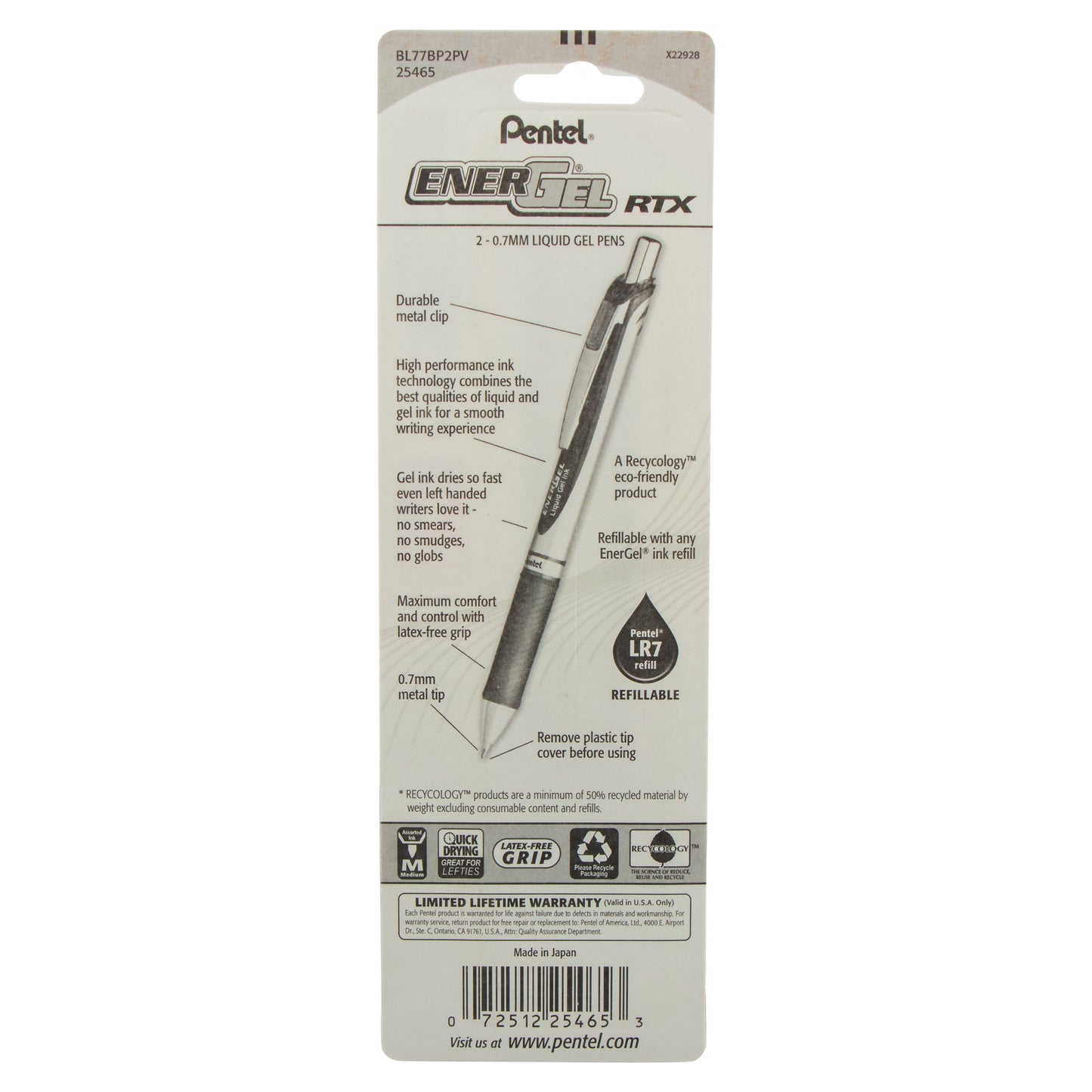 EnerGel RTX Retractable Liquid Gel Pen, (0.7mm) Metal Tip, Medium Line, Pink/Violet Ink 2-Pk (BL77BP2PV)