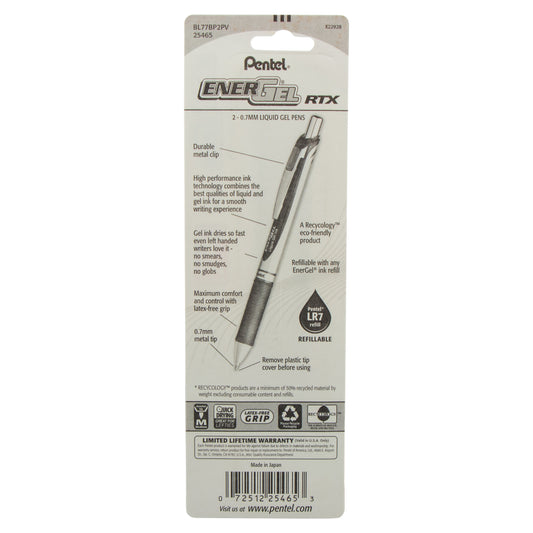 EnerGel RTX Retractable Liquid Gel Pen, (0.7mm) Metal Tip, Medium Line, Pink/Violet Ink 2-Pk (BL77BP2PV)