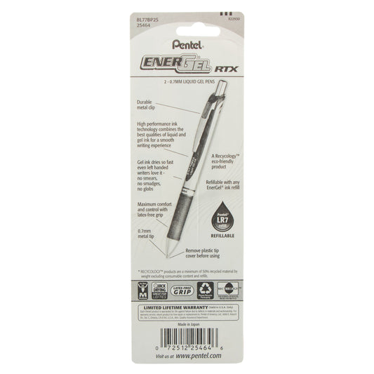 EnerGel RTX Retractable Liquid Gel Pen, (0.7mm) Metal Tip, Medium Line, Sky Blue Ink 2-Pk (BL77BP2S)