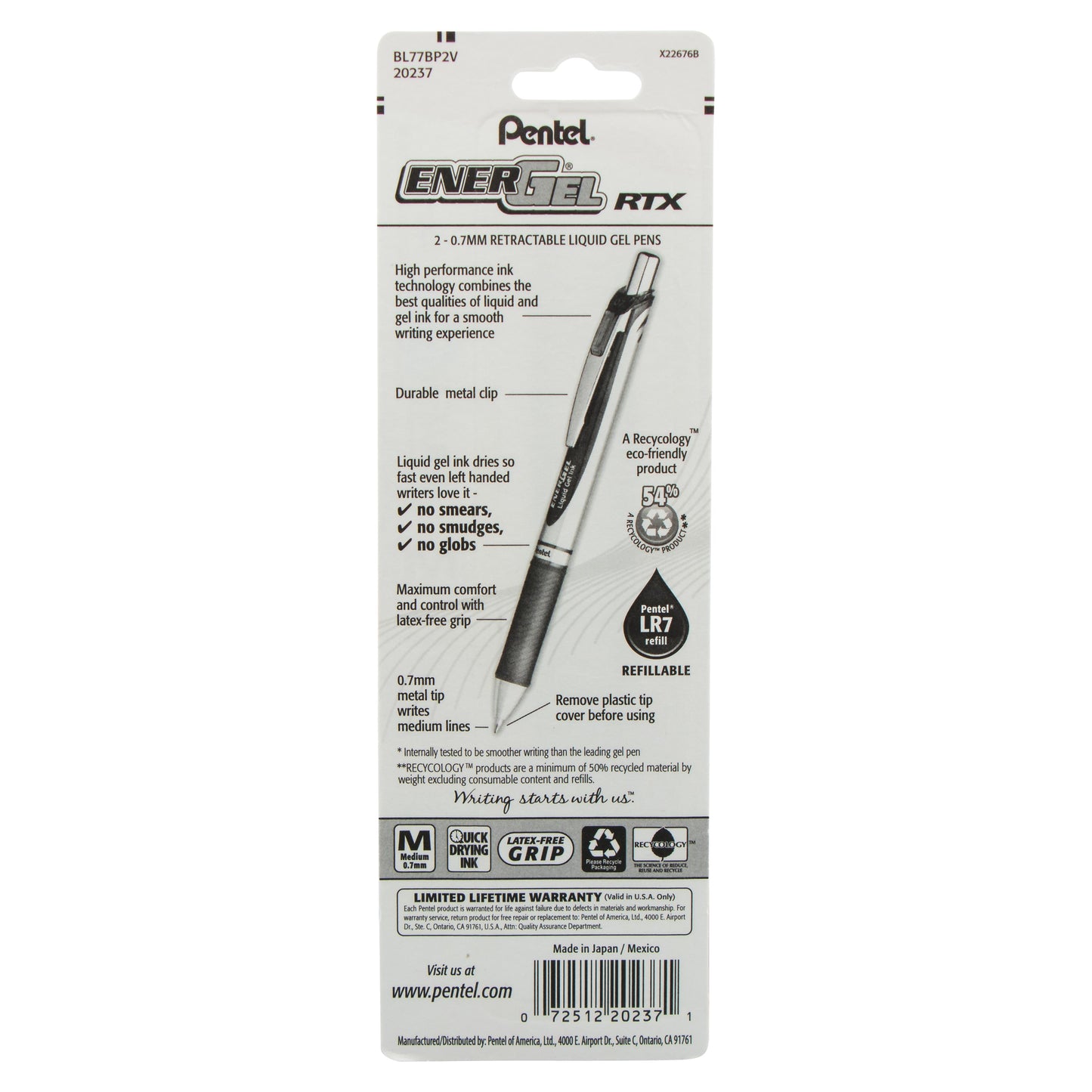 EnerGel RTX Retractable Liquid Gel Pen, (0.7mm) Metal Tip, Medium Line,Violet Ink 2-Pk (BL77BP2V)