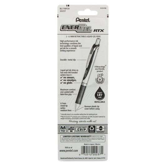 EnerGel RTX Retractable Liquid Gel Pen, (0.7mm) Metal Tip, Medium Line,Violet Ink 2-Pk (BL77BP2V)