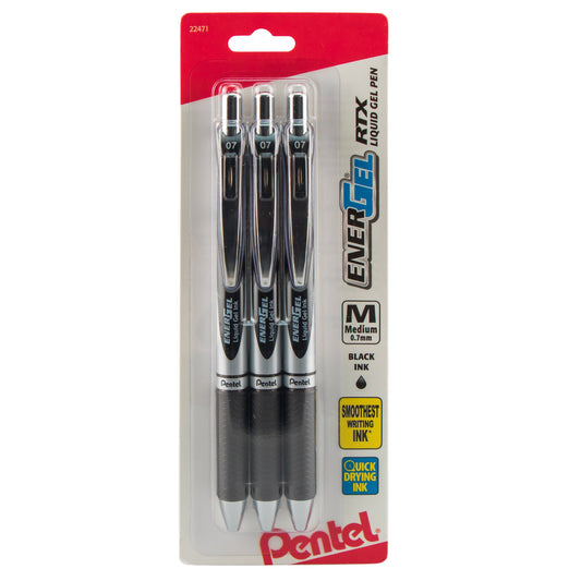 EnerGel RTX Retractable Liquid Gel Pen, (0.7mm) Metal Tip, Medium Line, Black Ink 3-Pk (BL77BP3A)