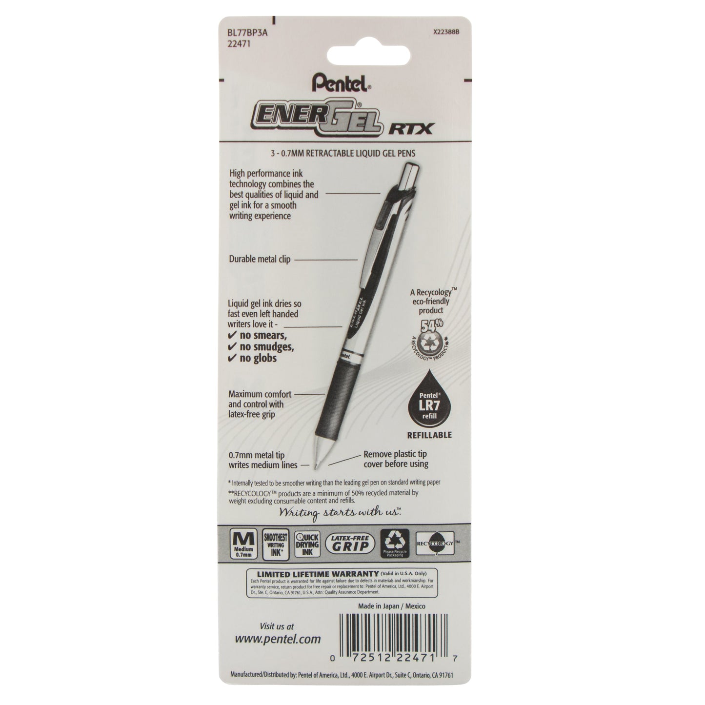EnerGel RTX Retractable Liquid Gel Pen, (0.7mm) Metal Tip, Medium Line, Black Ink 3-Pk (BL77BP3A)