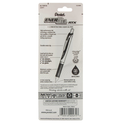 EnerGel RTX Retractable Liquid Gel Pen, (0.7mm) Metal Tip, Medium Line, Black Ink 3-Pk (BL77BP3A)