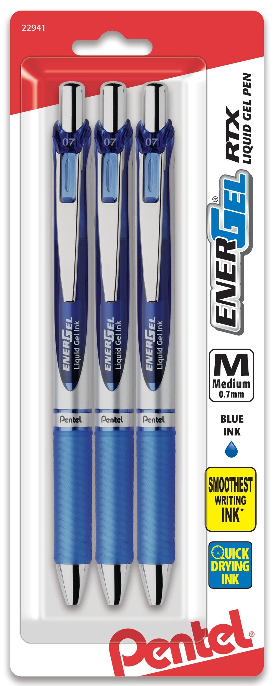 EnerGel RTX Retractable Liquid Gel Pen, (0.7mm) Metal Tip, Medium Line, Blue Ink 3-Pk (BL77BP3C)