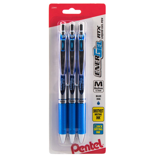 EnerGel RTX Retractable Liquid Gel Pen, (0.7mm) Metal Tip, Medium Line, Blue Ink 3-Pk (BL77BP3C)