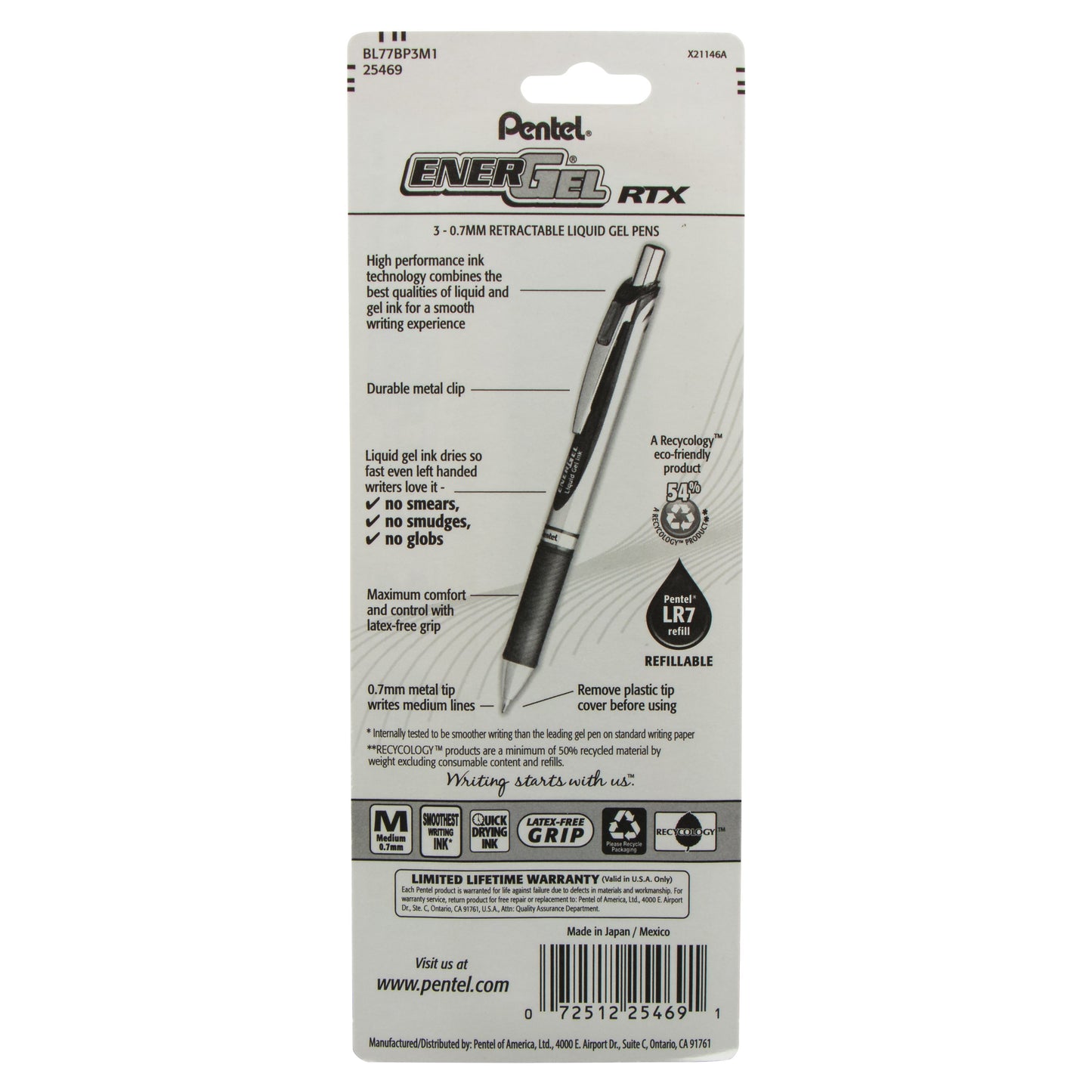 EnerGel RTX Retractable Liquid Gel Pen, (0.7mm) Metal Tip, Medium Line, Assorted Ink (P/S/V) 3-Pk (BL77BP3M1)