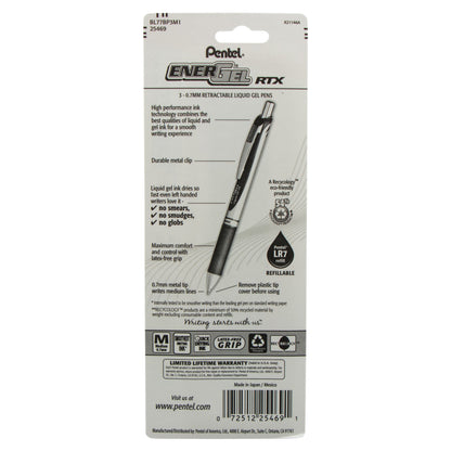 EnerGel RTX Retractable Liquid Gel Pen, (0.7mm) Metal Tip, Medium Line, Assorted Ink (P/S/V) 3-Pk (BL77BP3M1)