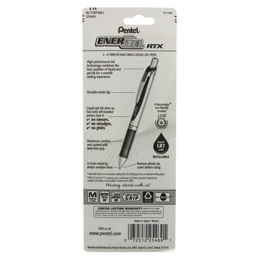 EnerGel RTX Retractable Liquid Gel Pen, (0.7mm) Metal Tip, Medium Line, Assorted Ink (P/S/V) 3-Pk (BL77BP3M1)