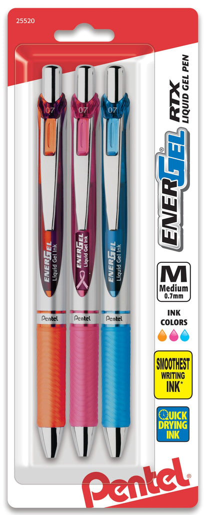EnerGel RTX Retractable Liquid Gel Pen, (0.7mm) Metal Tip, Medium Line, Assorted Ink (F/P/S) 3-pk (BL77BP3M2)