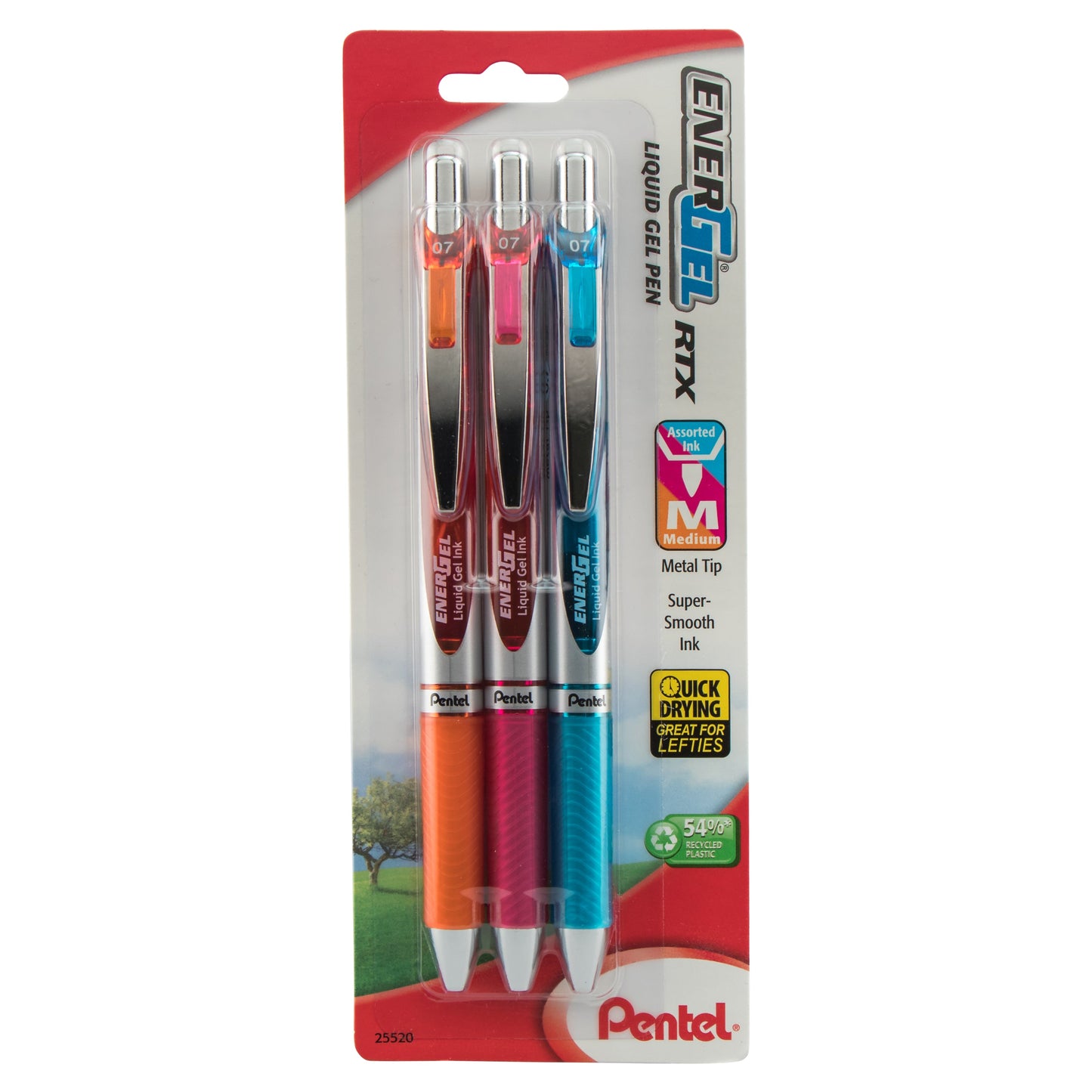 EnerGel RTX Retractable Liquid Gel Pen, (0.7mm) Metal Tip, Medium Line, Assorted Ink (F/P/S) 3-pk (BL77BP3M2)