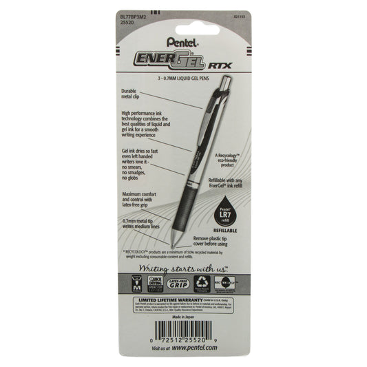 EnerGel RTX Retractable Liquid Gel Pen, (0.7mm) Metal Tip, Medium Line, Assorted Ink (F/P/S) 3-pk (BL77BP3M2)
