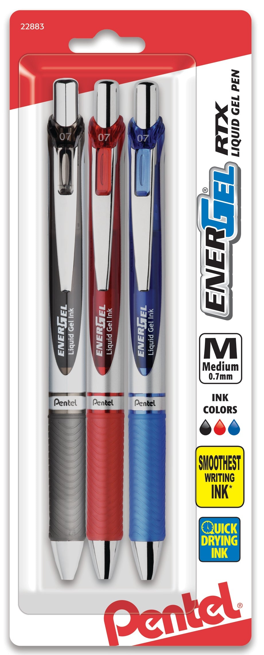 EnerGel RTX Retractable Liquid Gel Pen, (0.7mm) Metal Tip, Medium Line, Assorted Ink (A/B/C) 3-Pk (BL77BP3M)