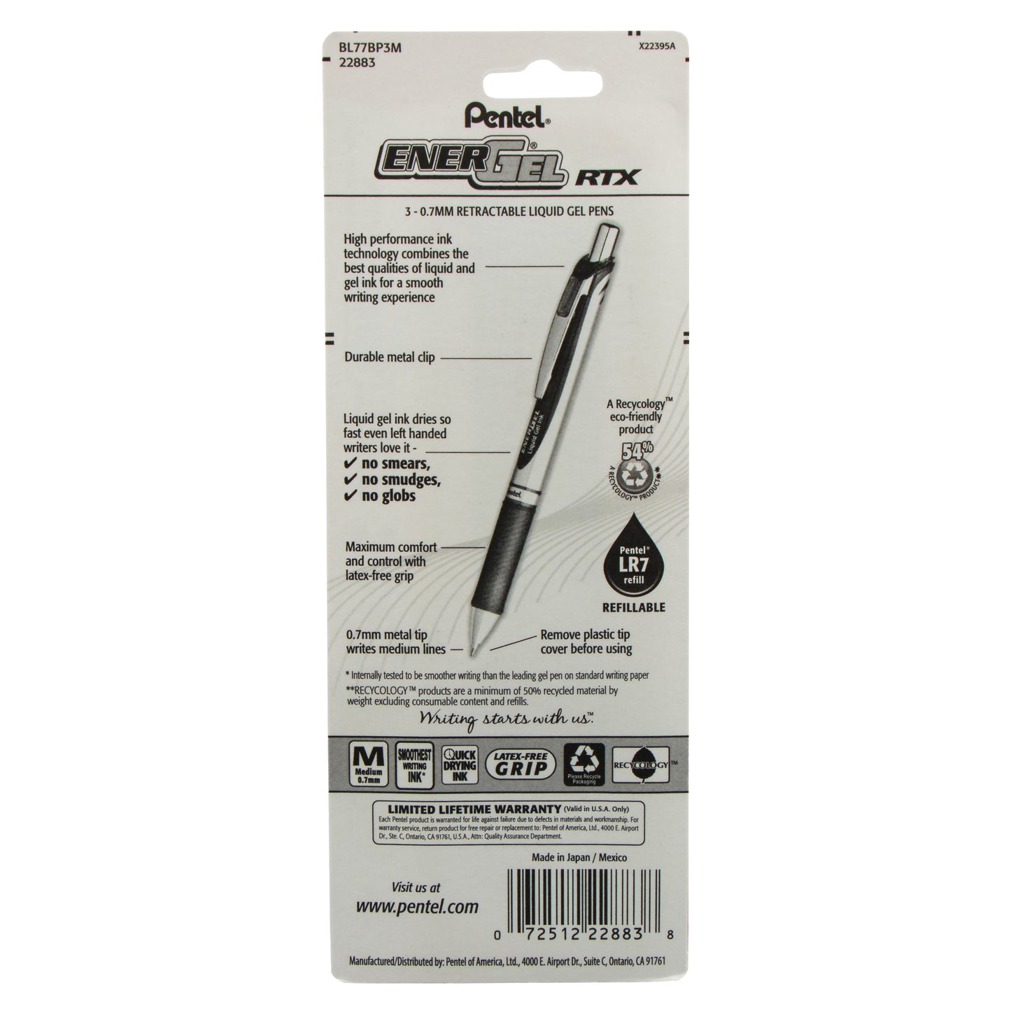 EnerGel RTX Retractable Liquid Gel Pen, (0.7mm) Metal Tip, Medium Line, Assorted Ink (A/B/C) 3-Pk (BL77BP3M)