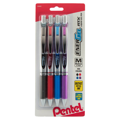 EnerGel RTX Retractable Liquid Gel Pen, (0.7mm) Metal Tip, Medium Line, Assorted Ink (A/B/C/V) 4-Pk (BL77BP4M)