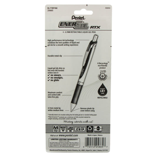 EnerGel RTX Retractable Liquid Gel Pen, (0.7mm) Metal Tip, Medium Line, Assorted Ink (A/B/C/V) 4-Pk (BL77BP4M)