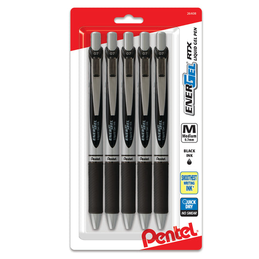 EnerGel RTX Retractable Liquid Gel Pen, (0.7mm) Metal Tip, Medium Line, Black Ink, 5-Pk (BL77BP5A)