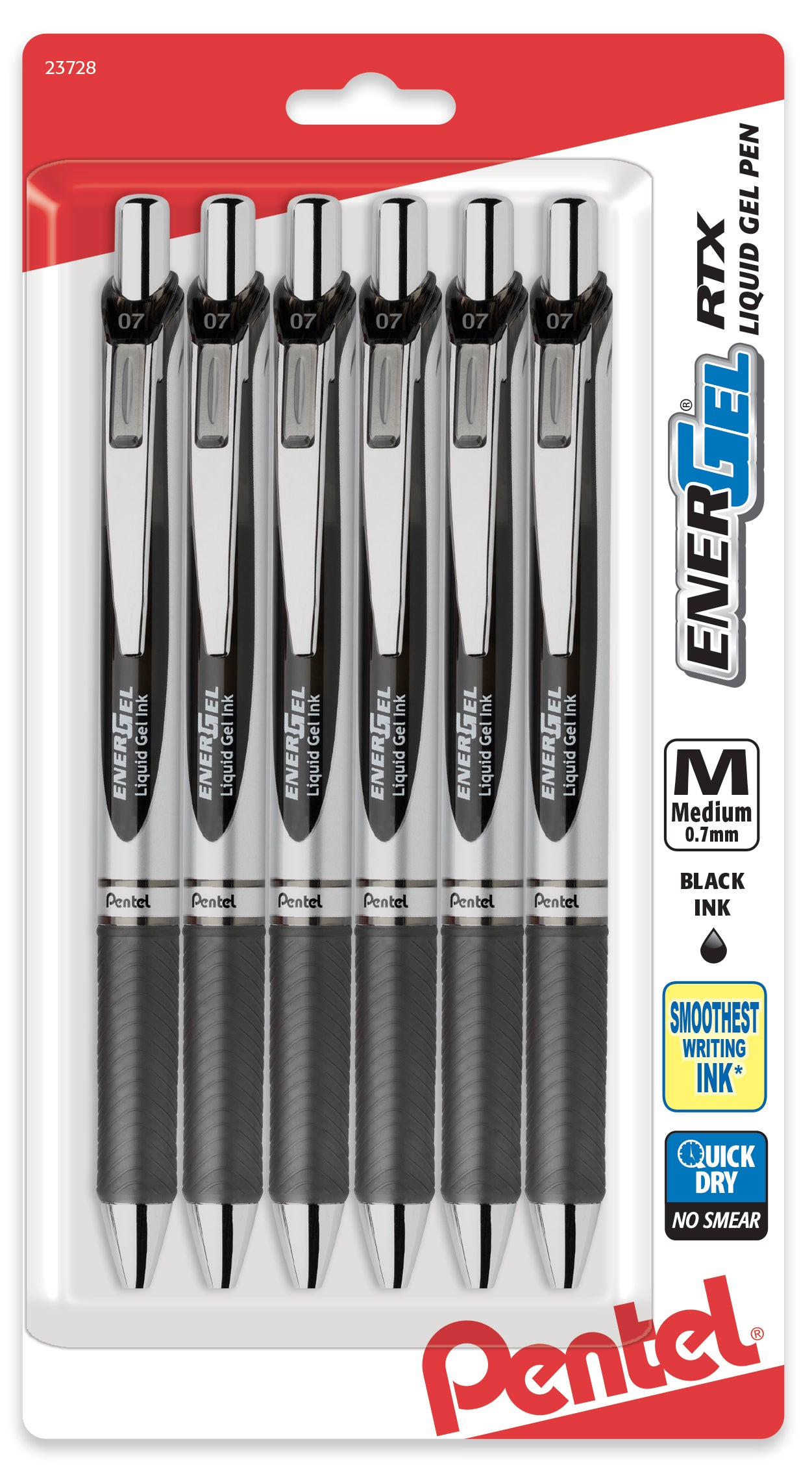 EnerGel RTX Retractable Liquid Gel Pen, (0.7mm) Metal Tip, Medium Line, Black Ink 6-Pk (BL77BP6A)