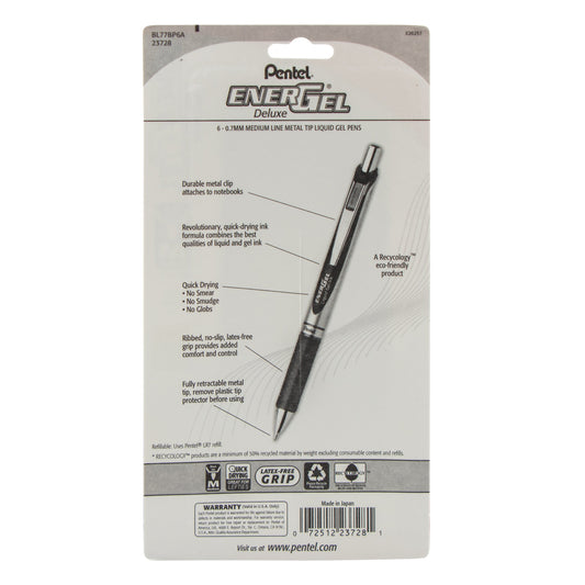 EnerGel RTX Retractable Liquid Gel Pen, (0.7mm) Metal Tip, Medium Line, Black Ink 6-Pk (BL77BP6A)