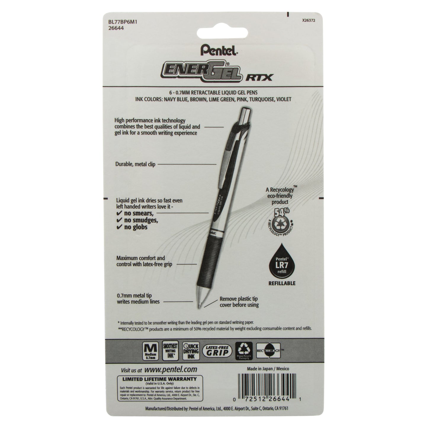 EnerGel RTX Retractable Liquid Gel Pen, (0.7mm) Metal Tip, Medium Line, Assorted Ink (CA/E/K/P/S3/V), 6-Pk (BL77BP6M1)
