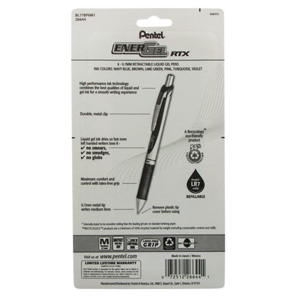 EnerGel RTX Retractable Liquid Gel Pen, (0.7mm) Metal Tip, Medium Line, Assorted Ink (CA/E/K/P/S3/V), 6-Pk (BL77BP6M1)