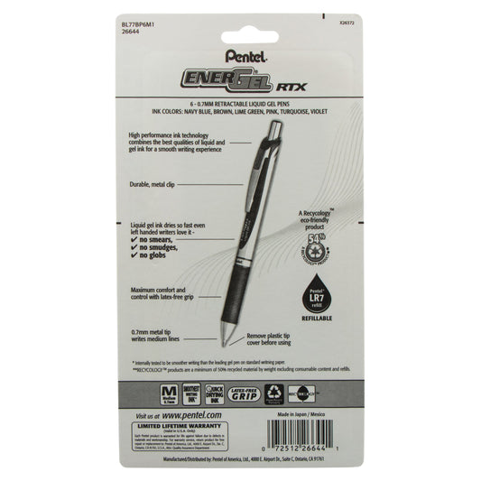 EnerGel RTX Retractable Liquid Gel Pen, (0.7mm) Metal Tip, Medium Line, Assorted Ink (CA/E/K/P/S3/V), 6-Pk (BL77BP6M1)