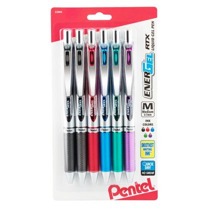 EnerGel RTX Retractable Liquid Gel Pen, (0.7mm) Metal Tip, Medium Line, Assorted Ink (2A/B/C/D/V) 6-Pk (BL77BP6M)