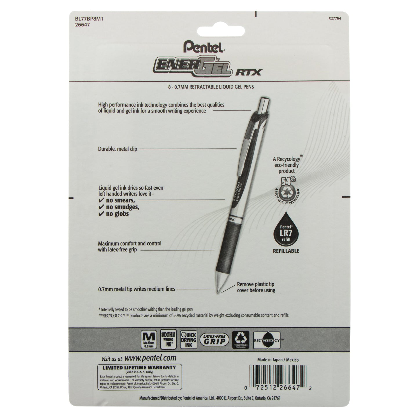 EnerGel RTX Retractable Liquid Gel Pen, (0.7mm) Metal Tip, Medium Line,Assorted Ink (A/B/C/K/F/P/S/V) 8-Pk (BL77BP8M1)