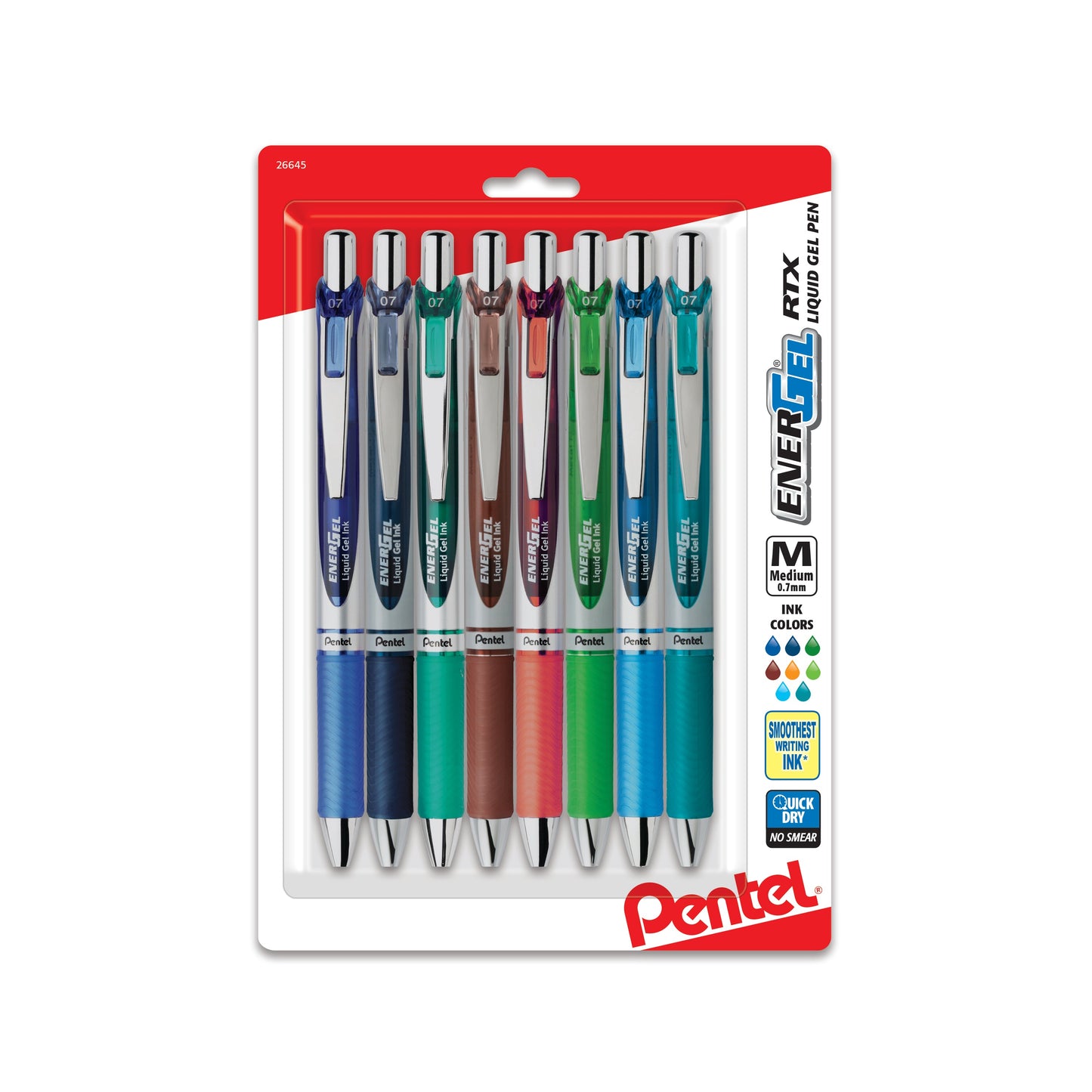 EnerGel RTX Retractable Liquid Gel Pen, (0.7mm) Metal Tip, Medium Line, Assorted Ink (C/CA/D/E/F/K/S/S3), 8-Pk (BL77BP8M2)