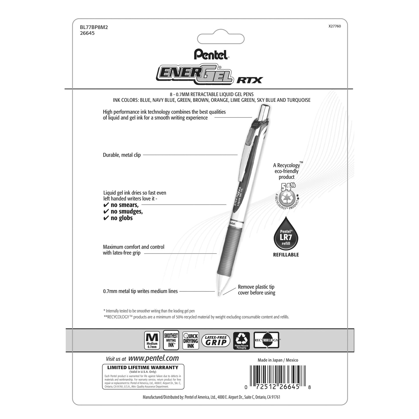 EnerGel RTX Retractable Liquid Gel Pen, (0.7mm) Metal Tip, Medium Line, Assorted Ink (C/CA/D/E/F/K/S/S3), 8-Pk (BL77BP8M2)