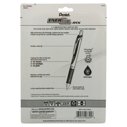 EnerGel RTX Retractable Liquid Gel Pen, (0.7mm) Metal Tip, Medium Line, Assorted Ink (C/CA/D/E/F/K/S/S3), 8-Pk (BL77BP8M2)