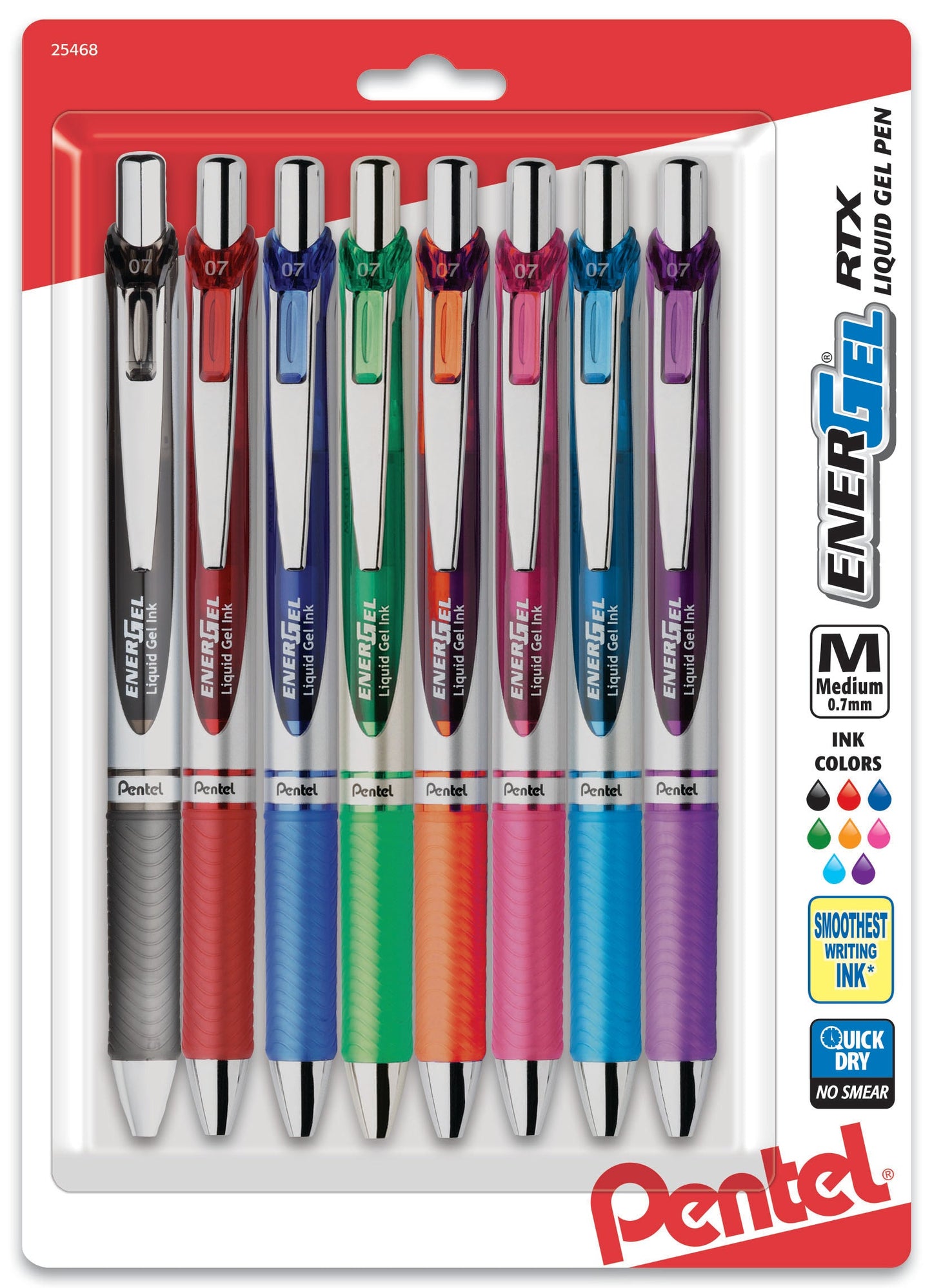 EnerGel RTX Retractable Liquid Gel Pen, (0.7mm) Metal Tip, Medium Line,Assorted Ink (A/B/C/D/F/P/S/V) 8-Pk (BL77BP8M)