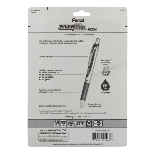 EnerGel RTX Retractable Liquid Gel Pen, (0.7mm) Metal Tip, Medium Line,Assorted Ink (A/B/C/D/F/P/S/V) 8-Pk (BL77BP8M)