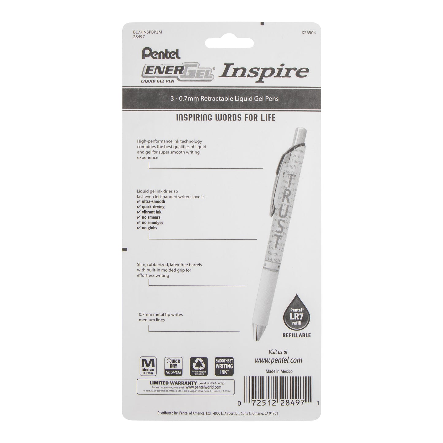 EnerGel Inspire Peace/Trust/Smile, (0.7mm) Medium Line, Black Ink 3-pk (BL77INSPBP3M)