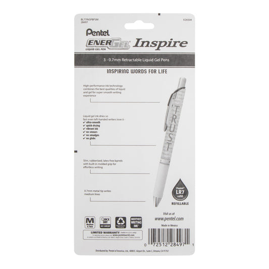 EnerGel Inspire Peace/Trust/Smile, (0.7mm) Medium Line, Black Ink 3-pk (BL77INSPBP3M)