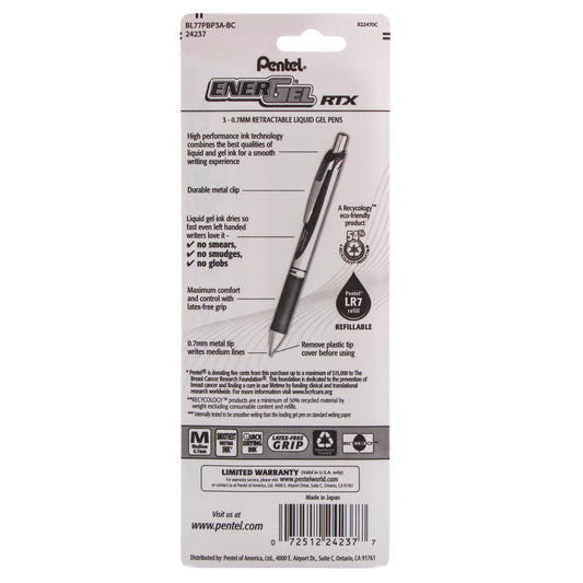 PINK BCA Ribbon EnerGel RTX Retractable Liquid Gel Pen, (0.7mm) Metal Tip, Medium Line,Pink Barrel, Black Ink, 3-Pk (BL77PBP3A-BC)