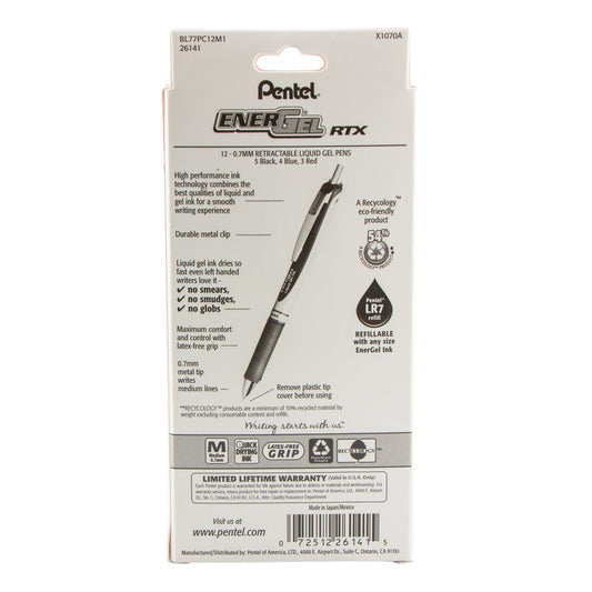 EnerGel RTX Retractable Liquid Gel Pen, (0.7mm) Metal Tip, Medium Line,0.7mm, Assorted Ink (5A/3B/4C), 12-Pk Hanging Window Box (BL77PC12M1)