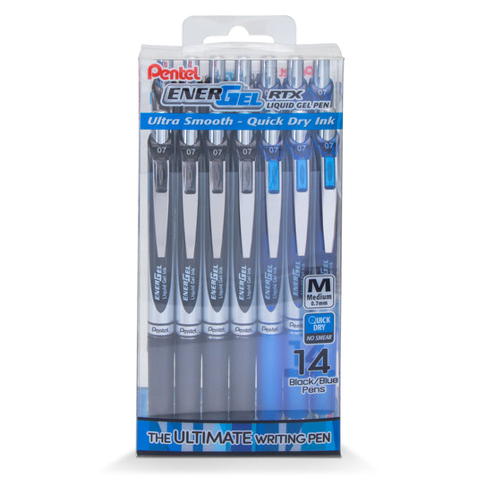 EnerGel RTX Liquid Gel Pen, (0.7mm) Medium Line, Black and Blue Ink- 14-pk plastic box (BL77PC14AC)