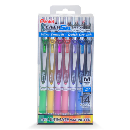 EnerGel RTX Liquid Gel Pen, (0.7mm) Medium Line, Assorted Ink- 14-pk Plastic Box (BL77PC14M)