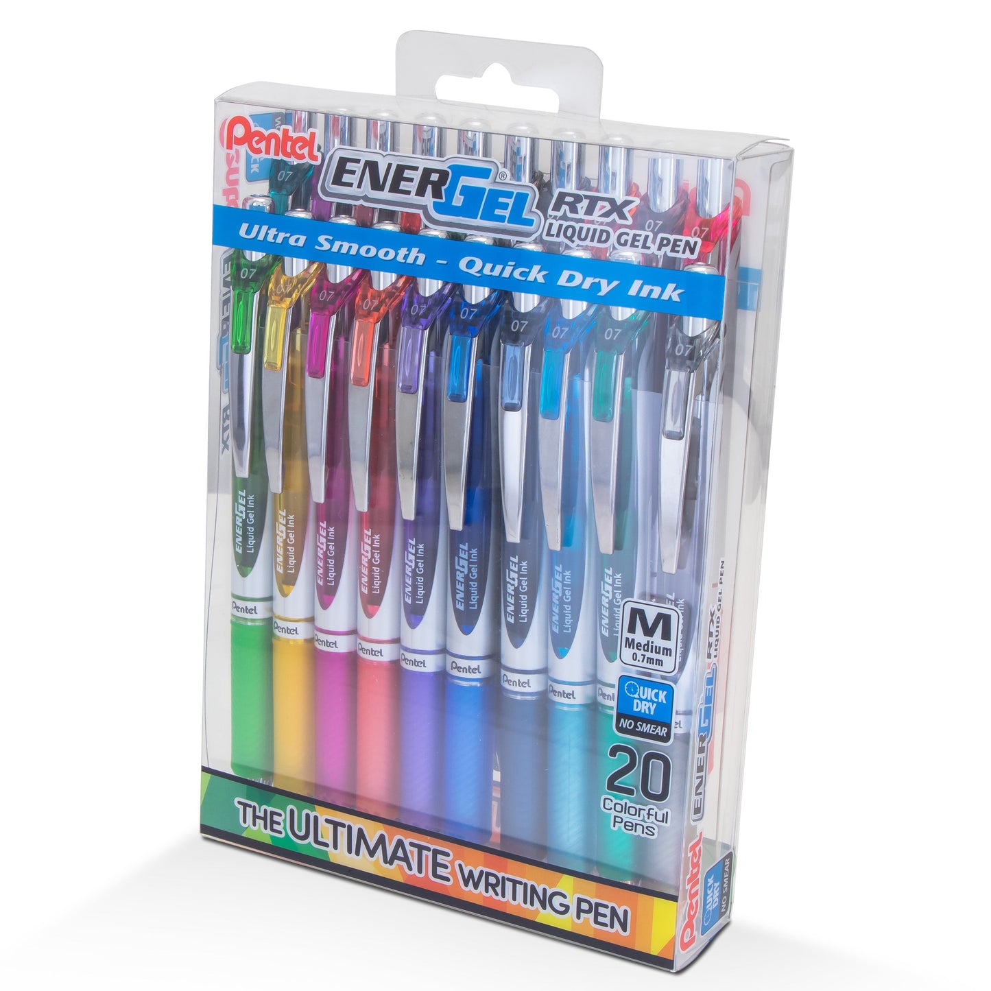 EnerGel RTX Liquid Gel Pen, (0.7mm) Medium Line, Assorted ink- 20-pk plastic box (BL77PC20M)