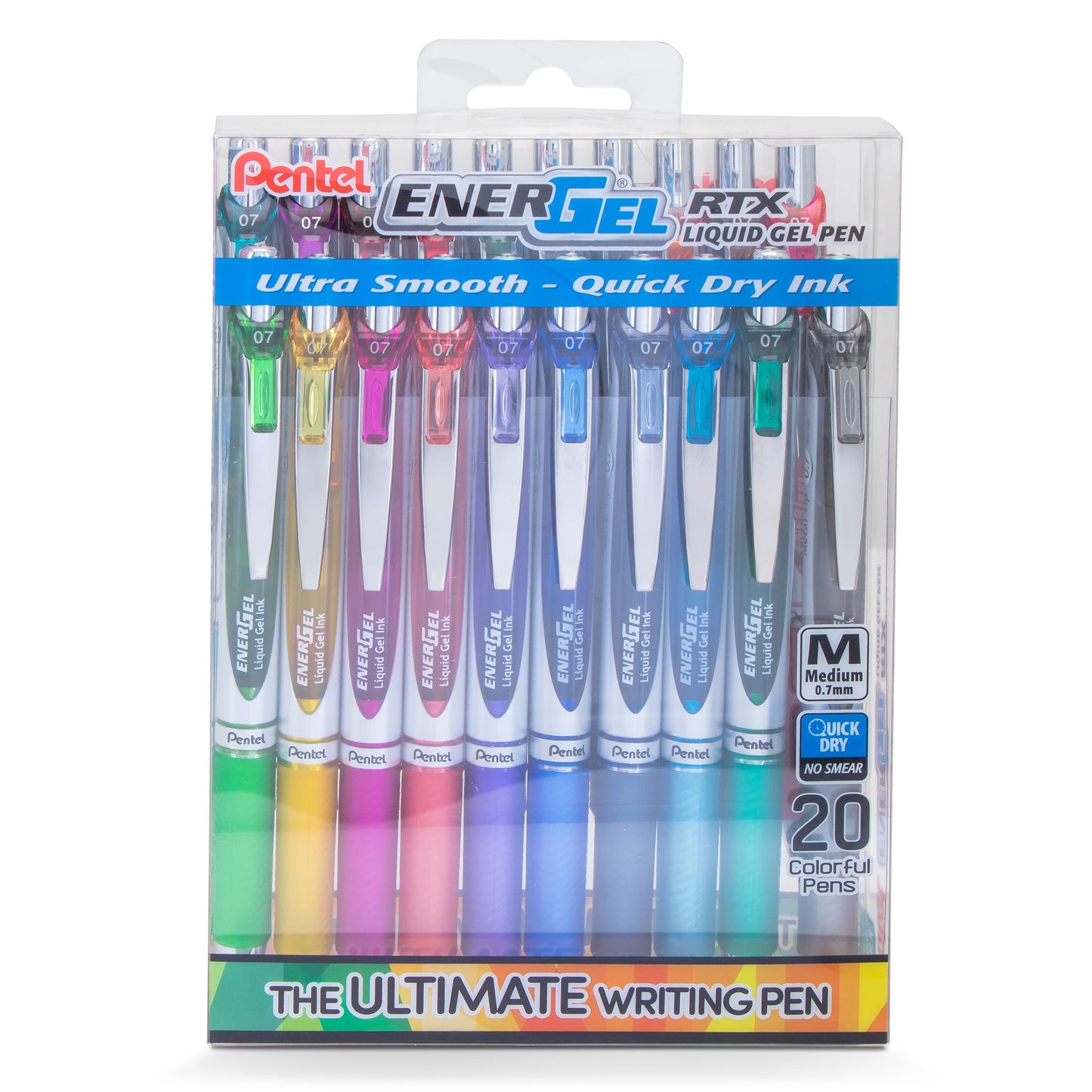 EnerGel RTX Liquid Gel Pen, (0.7mm) Medium Line, Assorted ink- 20-pk plastic box (BL77PC20M)